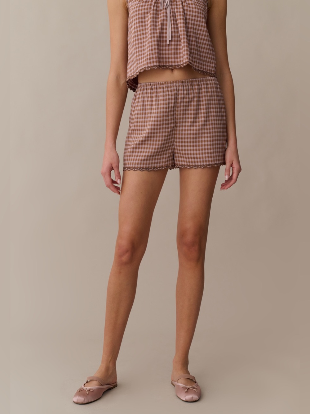 NWT Few Moda Lila Shorts size Large L gingham brown rust lace trim Kourt